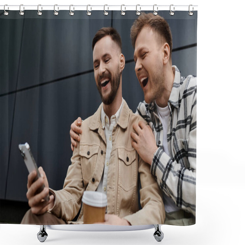 Personality  Two Men In Casual Outfits Laughing Together While Looking At A Cell Phone. Shower Curtains