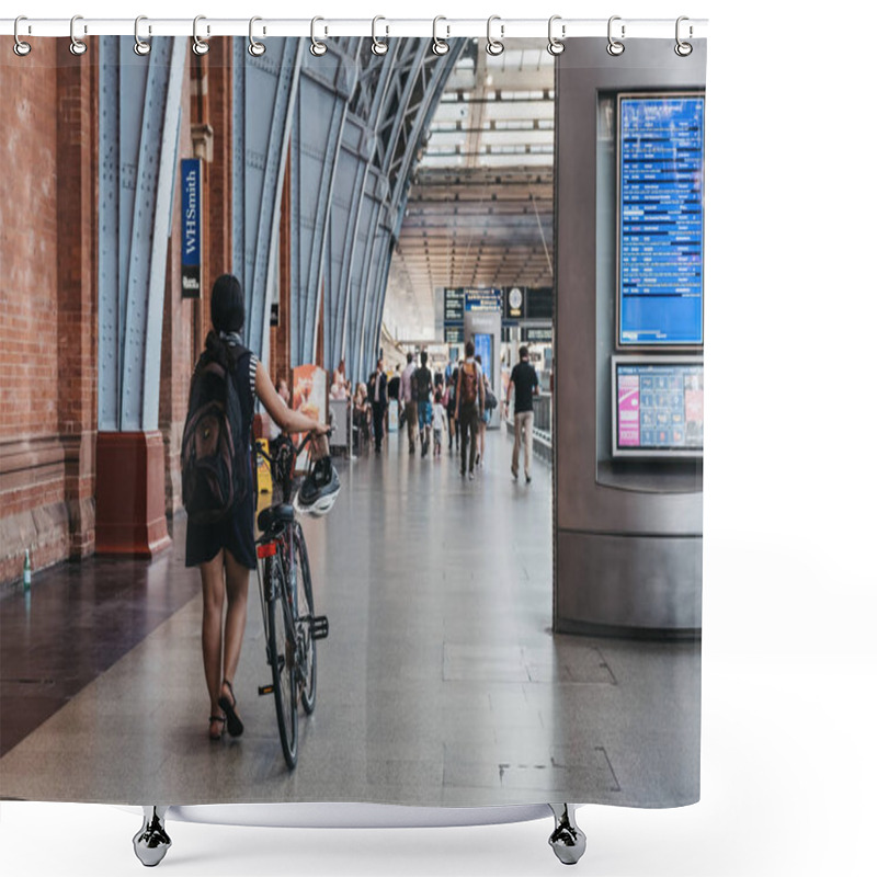 Personality  London, UK - July 26, 2018: Woman With A Bike Walking Inside St. Pancras Station. St. Pancras Is One Of The Largest Railway Stations In London And A Home To Eurostar. Shower Curtains