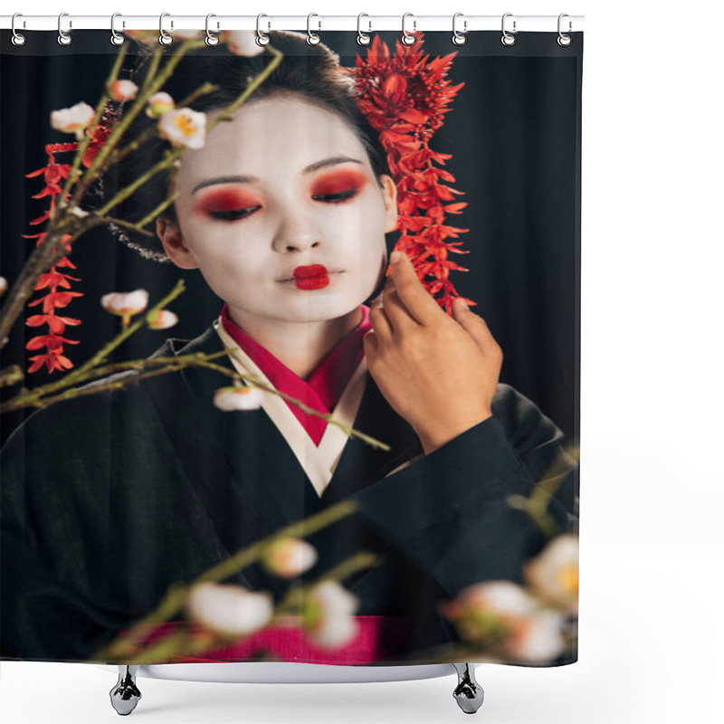 Personality  Selective Focus Of Beautiful Geisha In Black Kimono With Red Flowers In Hair Touching Face And Sakura Branches Isolated On Black Shower Curtains