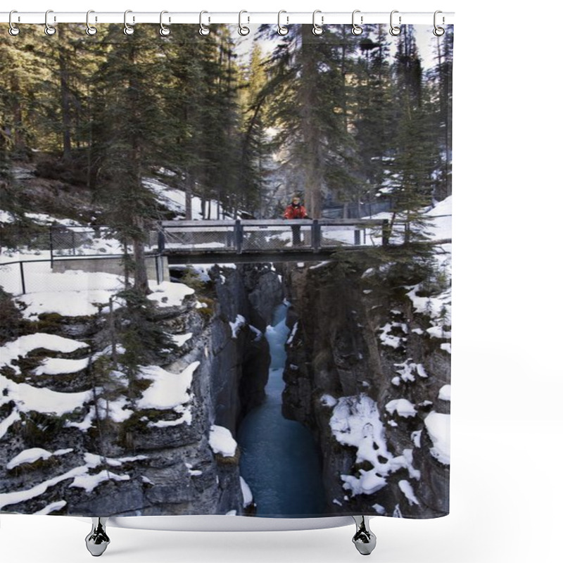 Personality  Person Standing On A Bridge, Maligne Canyon, Jasper National Park, Alberta, Canada Shower Curtains