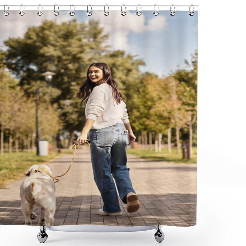 Personality  A Joyful Woman Dressed In Cozy Autumn Attire Strolls Through The Park, Holding Her Dogs Leash. Shower Curtains