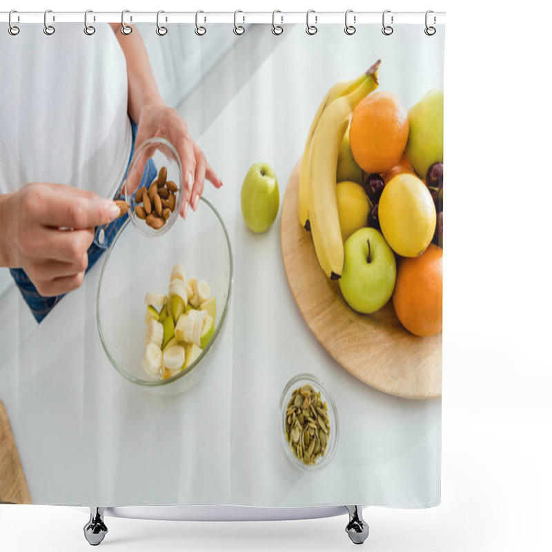 Personality  Cropped View Of Woman Adding Almonds In Bowl Near Tasty Fruits  Shower Curtains