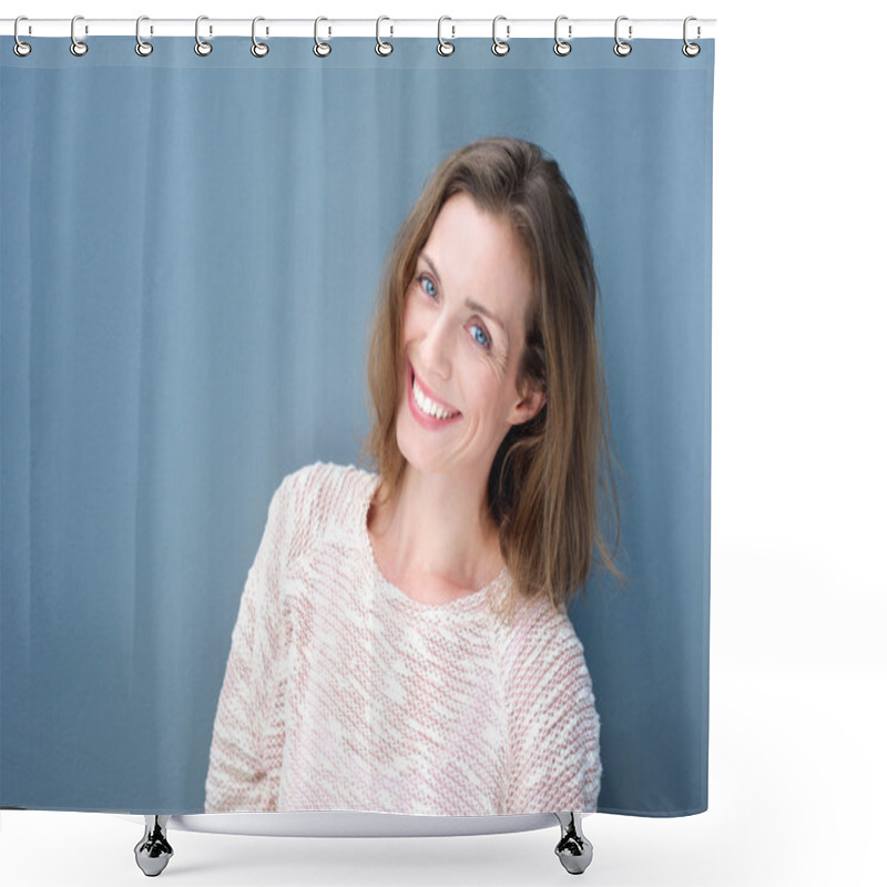 Personality  Attractive Smiling Mid Adult Woman On Blue Background  Shower Curtains