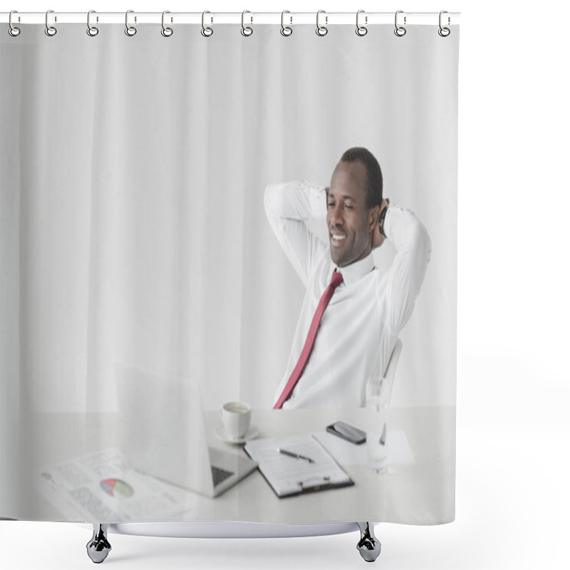 Personality  African American Businessman Resting At Workspace Shower Curtains