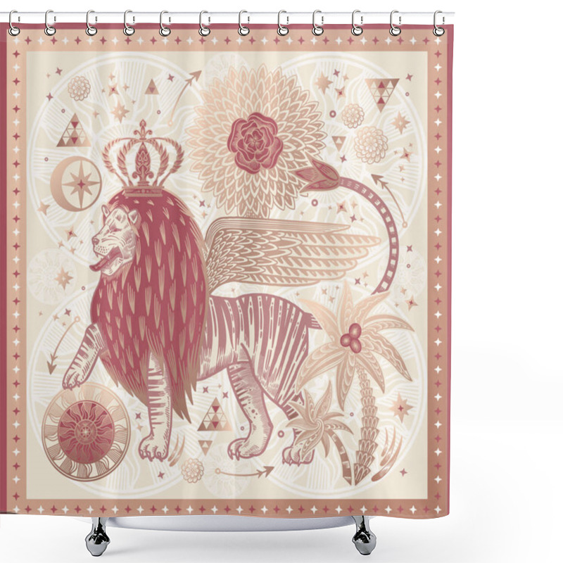 Personality  Lion In A Crown With Wings In A Fantasy Garden. Signs, Symbols. Tree, Palm, Arrows, Stars, Sun Sign, Flowers. Red And Gold On A Beige Background. Pattern For Scarves, Pillows. Vector. Vintage. Shower Curtains