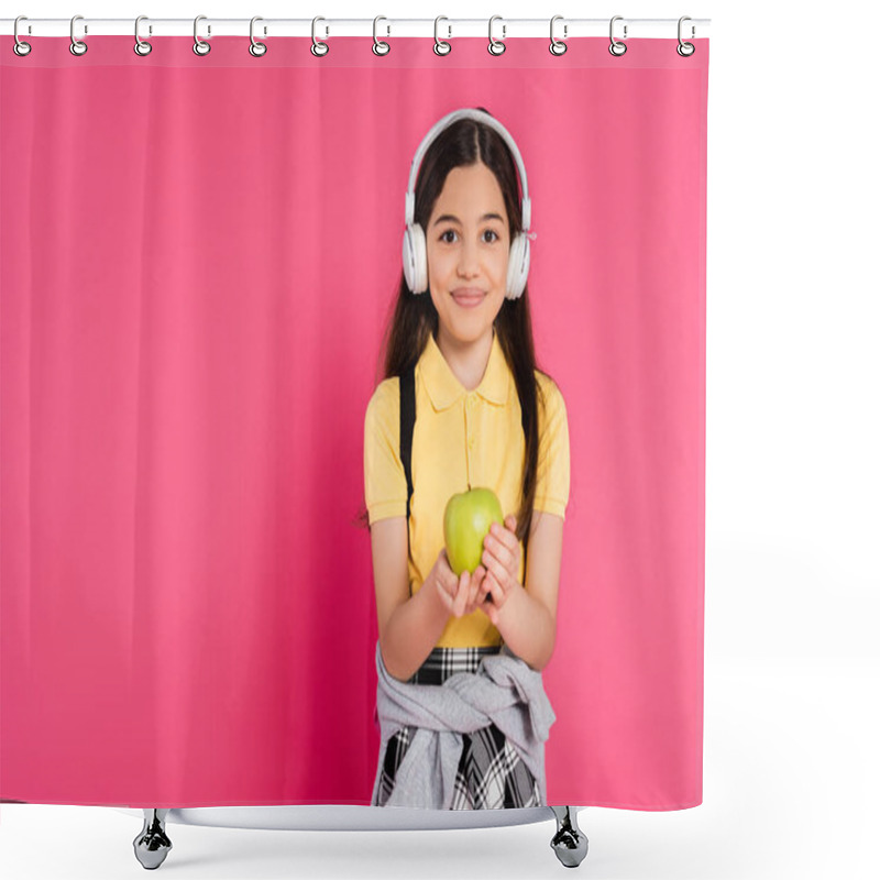 Personality  Happy Schoolgirl In Wireless Headphones Holding Green Apple On Pink Background, Kid With Backpack Shower Curtains