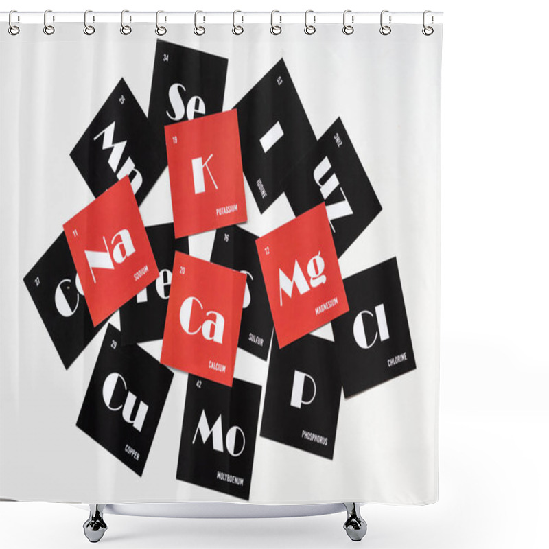 Personality  Cards With The Names Of The Chemical Elements Of The Periodic System. Alfabet Of Electrolytes On Red Cardboard. Top View Shower Curtains