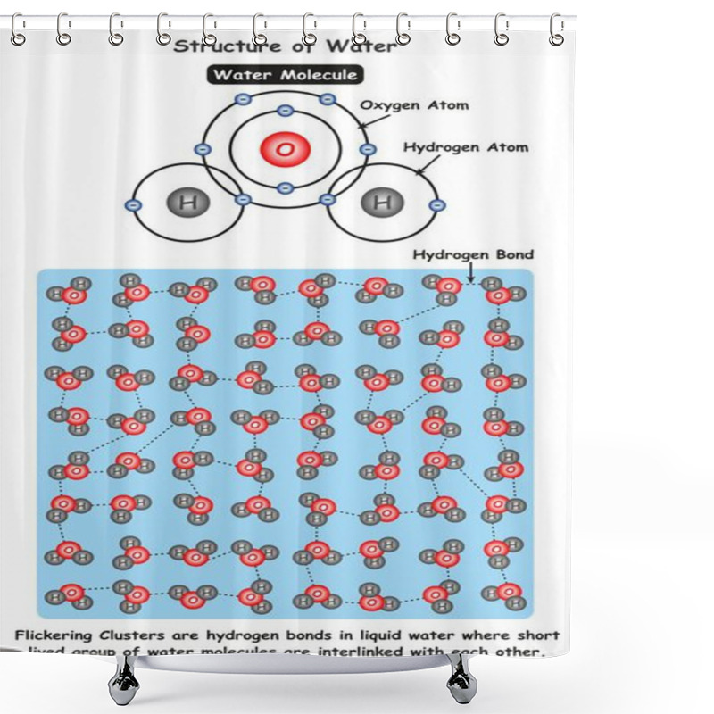 Personality  Structure Of Water Infographic Diagram Showing Molecule Of Water And Ionic Bonds Between Oxygen And Hydrogen Atoms Also Microscopic View Showing Flickering Clusters For Chemistry Science Education Shower Curtains