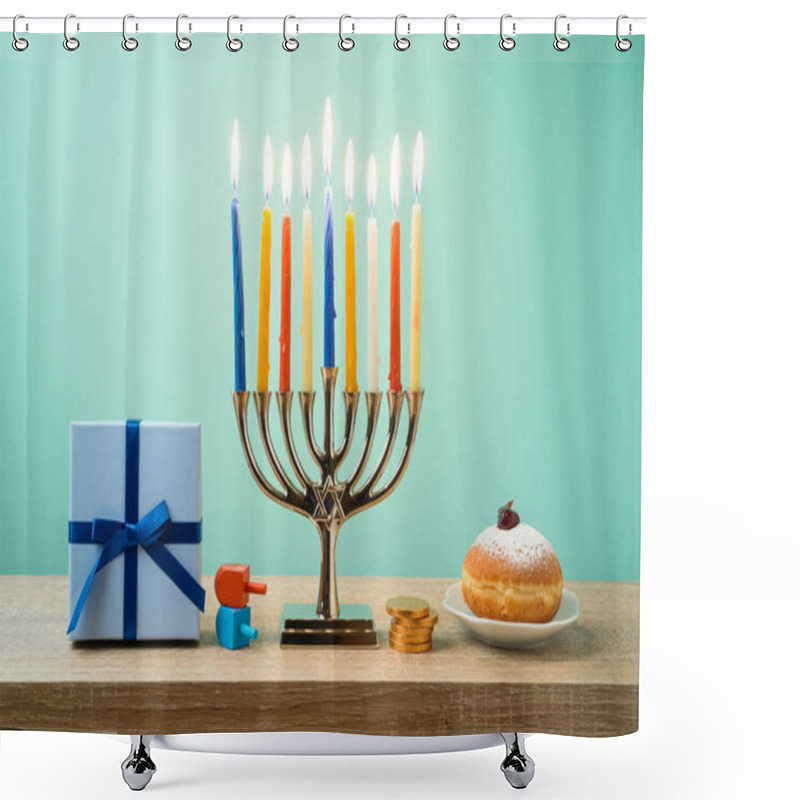 Personality  Jewish Holiday Hanukkah Background With Menorah, Sufganiyot, Gift Box And Spinning Tops On Wooden Table Shower Curtains