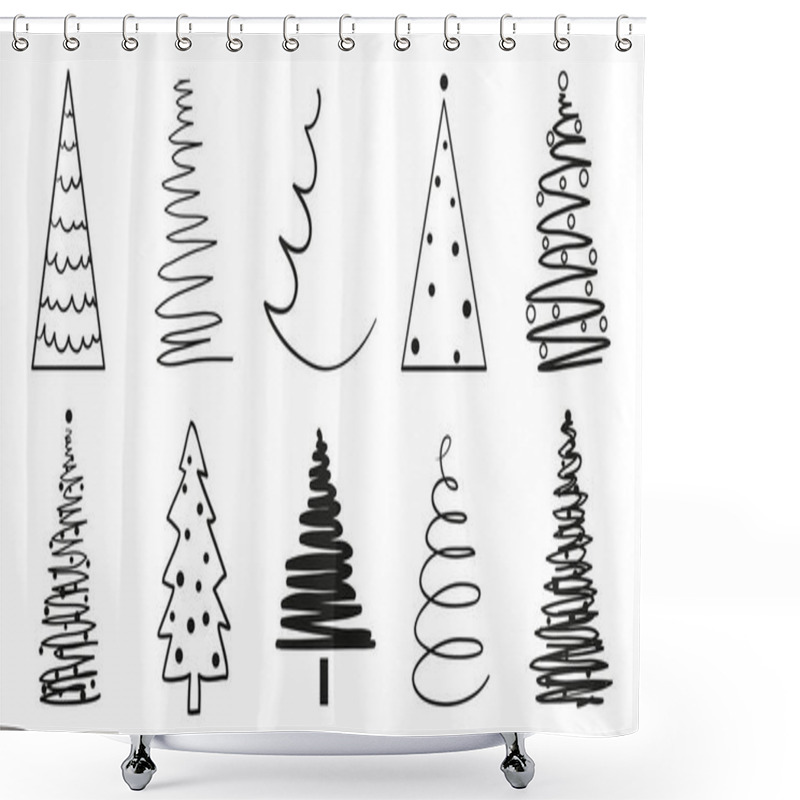 Personality  Christmas Trees On White. Set For Icons On Isolated Background. Geometric Art. Objects For Polygraphy, Posters, T-shirts And Textiles. Black And White Illustration Shower Curtains