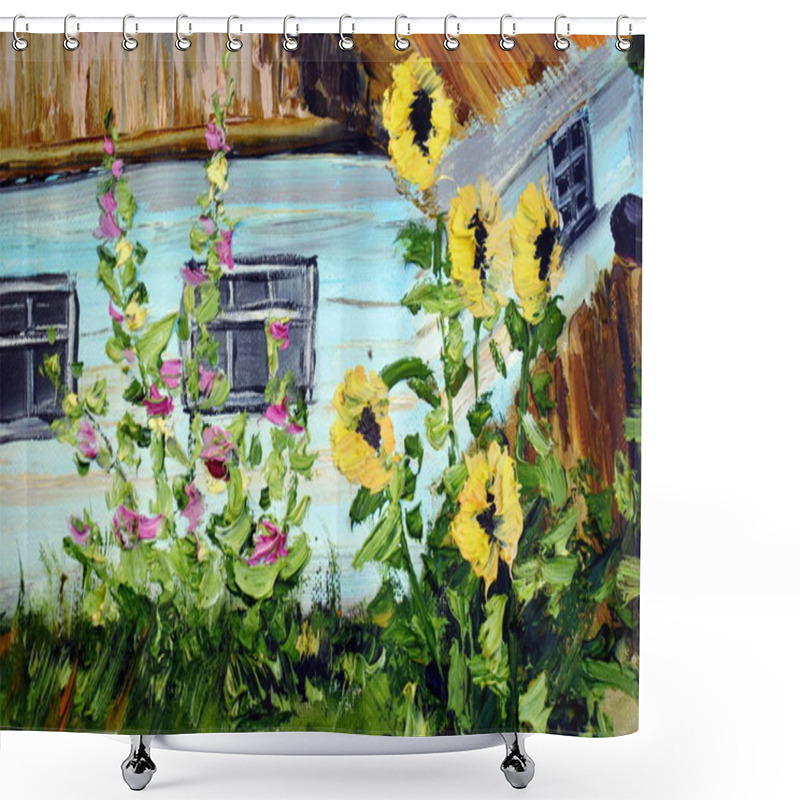 Personality  Oil Painting Village House. Drawing Paints A Rustic Motif. Shower Curtains