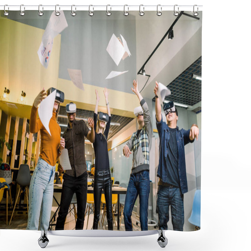 Personality  Group Of Young Diverse Multiracial Business People Wearing Vr Goggles, Throwing Papers Up, Celebrating Their Victory In Creative Modern Loft Office Shower Curtains