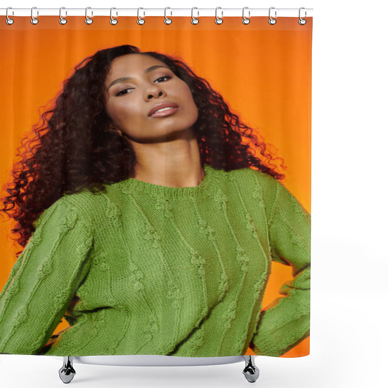 Personality  Woman With Gorgeous Curls Poses Gracefully In A Cozy Sweater, Showcasing Her Beauty And Style. Shower Curtains