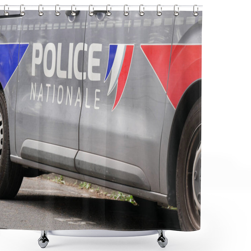 Personality  Valenciennes, France - 08 20 2023 : Three-quarter View Of The Doors Of A National Police Car, With The Colors Of France. Shower Curtains