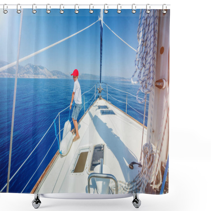 Personality  Little Boy On Board Of Sailing Yacht On Summer Cruise. Travel Adventure, Yachting With Child On Family Vacation. Shower Curtains