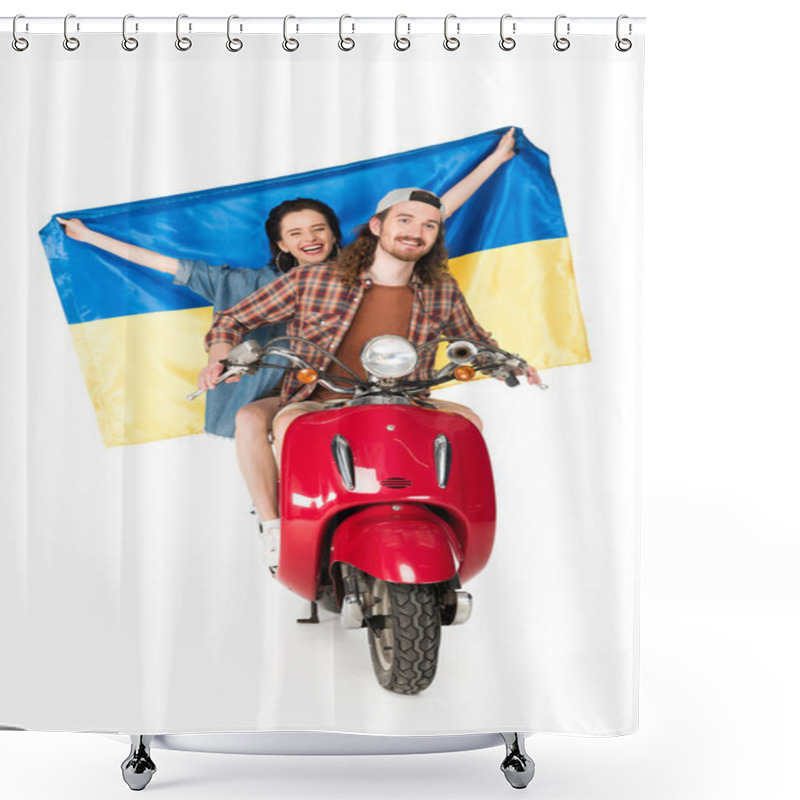 Personality  Full Length View Of Girl Sitting On Red Scooter And Holding Ukranian Flag And Young Man Looking Forward Isolated On White Shower Curtains