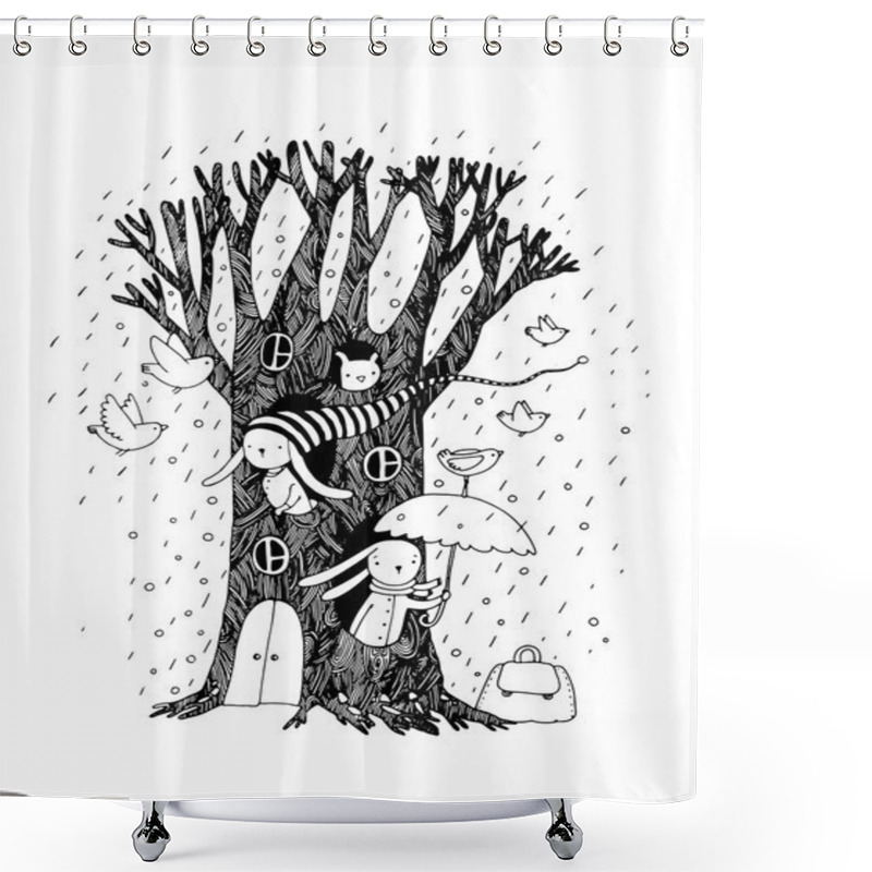 Personality  Magic Tree, Rabbits And Birds.Animals Of The Forest. Shower Curtains