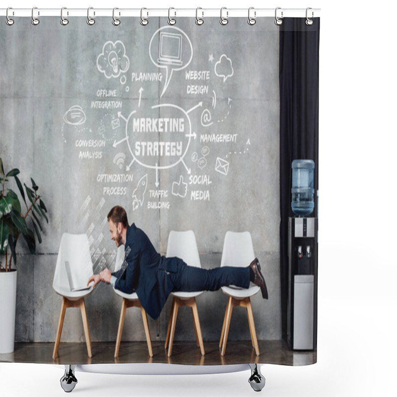 Personality  Businessman Lying On Chairs And Using Laptop In Waiting Hall With Marketing Strategy Illustration On Wall Shower Curtains