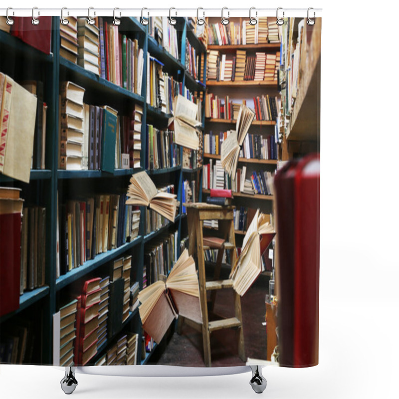 Personality  Flying Books On Library Bookshelves   Shower Curtains