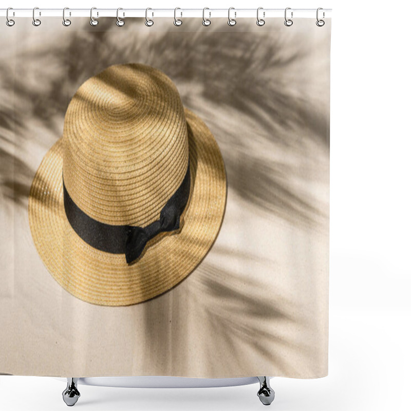 Personality  Summer Straw Hat On Sand Through The Branches Of Palm And Shadow Palm Tree. Travel, Holiday, Summertime Concept. Top View. Shower Curtains