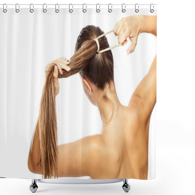 Personality  Woman Tying A Ponytail Shower Curtains