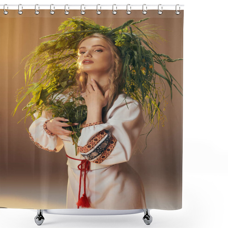 Personality  A Young Woman In A White Dress Delicately Holds A Vibrant Plant In A Fairy And Fantasy-themed Studio Setting. Shower Curtains