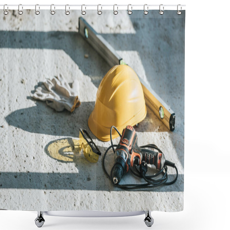 Personality  Close Up View Of Hardhat, Spirit Level, Drill And Protective Gloves With Googles At Construction Site  Shower Curtains