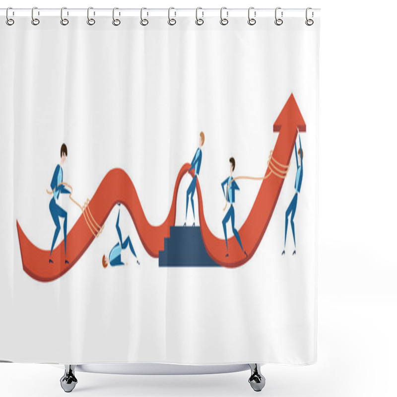 Personality  Business People Are Trying To Raise The Graph Of Growth Of Income Of The Company. The Concept Of Teamwork. Vector Illustration, Isolated On White. Shower Curtains