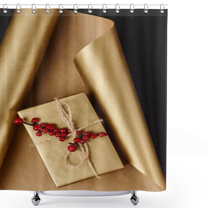 Personality  Golden Gift Box With Red Holly Berries On Shiny Wrapping Paper And Black Backdrop, Christmas Decor Shower Curtains