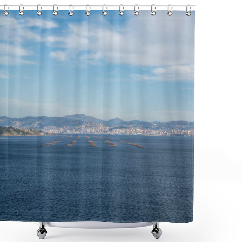 Personality  A View Of The Vigo River And City With Floating Shellfish Platforms In The Sea Shower Curtains