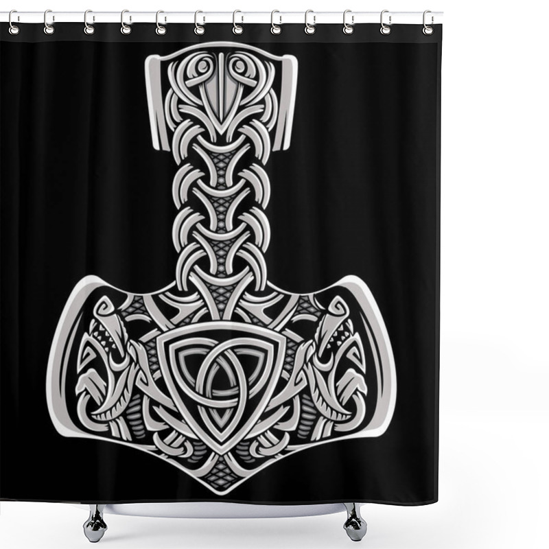 Personality  Ancient Scandinavian Design. Thors Hammer, Mjolnir, With Wolf Heads, Lightning And A Celtic-Scandinavian Pattern, Isolated On Black, Vector Illustration Shower Curtains