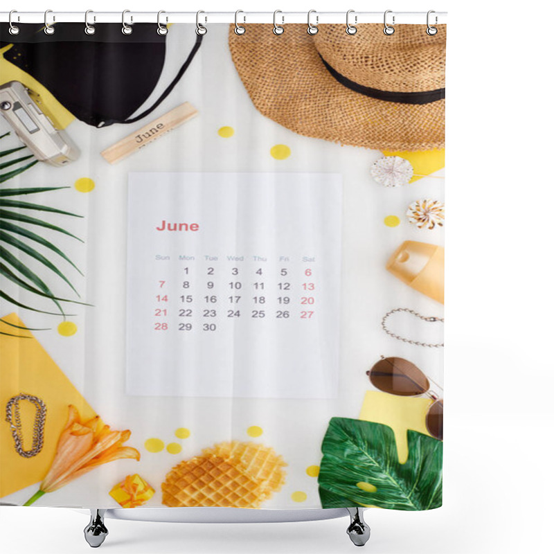 Personality  June Calendar Page, Wooden Block With June Inscription, Straw Hat, Digital Camera, Lily Flower, Green Leaves, Sunglasses, Sunscreen, Waffles, Bikini Bra Isolated On White Shower Curtains