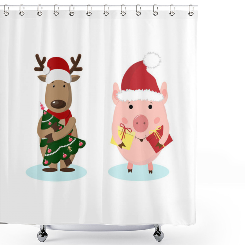 Personality  Merry Christmas Greeting Card With Deer, Piglet Year Pig. Cute Animal Holiday Cartoon Character . Shower Curtains