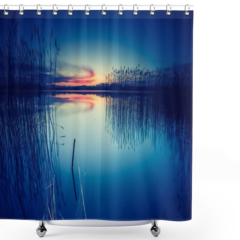 Personality  Sunset Over Calm Lake Shower Curtains