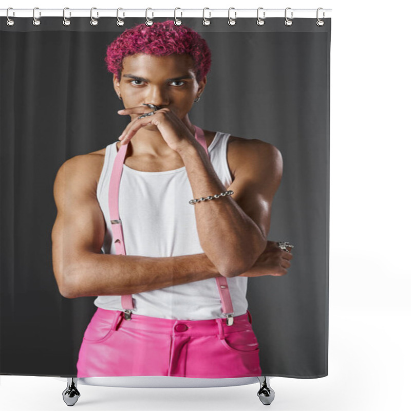 Personality  Young Strong Man In Pink Vibrant Attire With Hand Near Ace Looking At Camera, Fashion And Style Shower Curtains