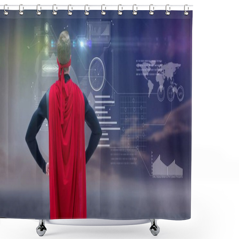 Personality  Man Dressed Up As Superhero Standing In Front Of Futuristic Interface Shower Curtains