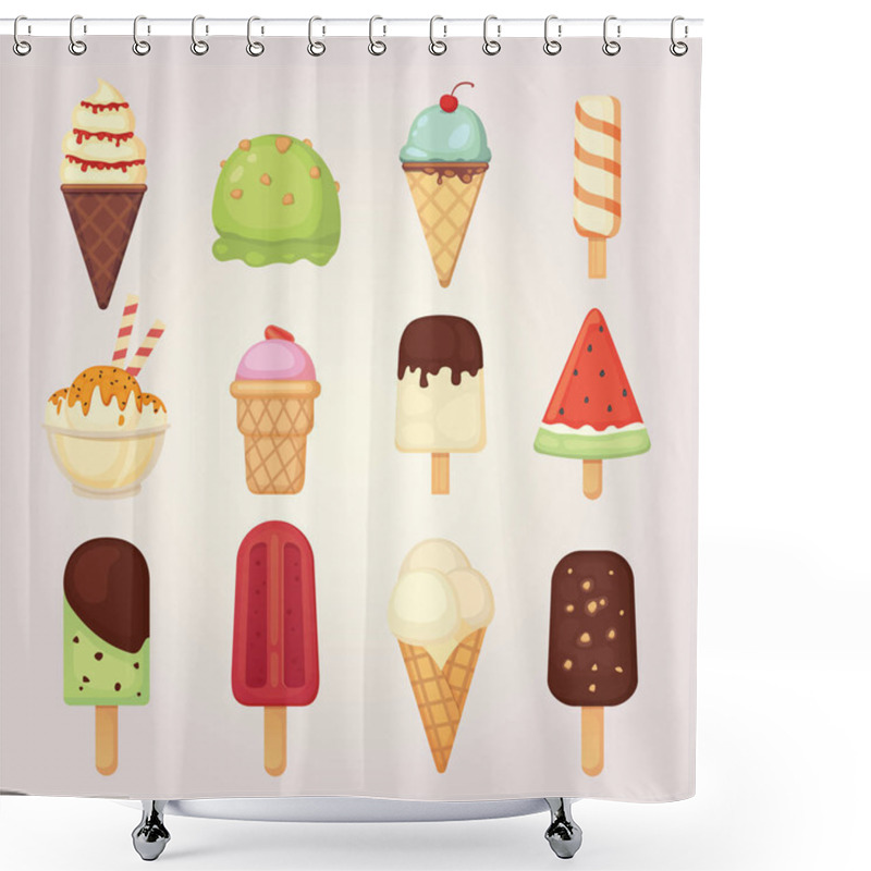 Personality  Collection Of 12 Vector Cartoon Ice Cream Illustrations. Summer Food. Shower Curtains