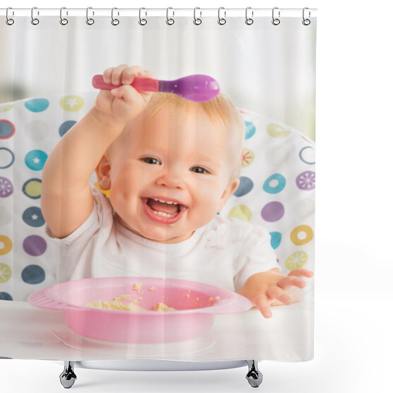 Personality  Happy Baby Child Eats Itself With A Spoon Shower Curtains