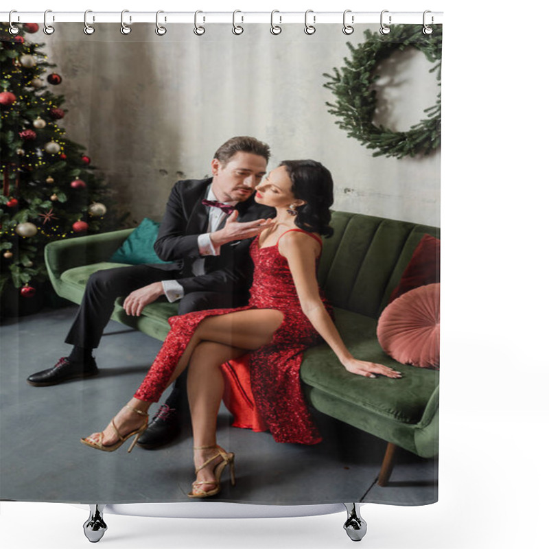 Personality  Elegant And Rich Couple In Evening Attire Sitting On Sofa Near Decorated Christmas Tree At Home Shower Curtains