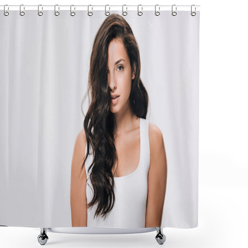 Personality  Brunette Beautiful Woman With Long Healthy And Shiny Hair Isolated On Grey Shower Curtains