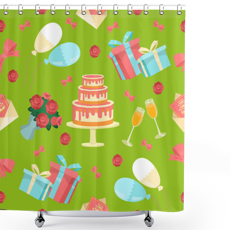 Personality  Happy Birthday Seamless Pattern With Cake, Balloons And Gift Boxes Shower Curtains