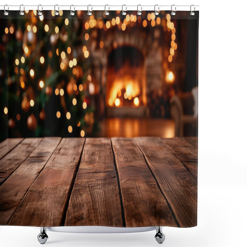 Personality  Warm Holiday Atmosphere With A Rustic Wooden Table And A Christmas Tree In The Background. Shower Curtains