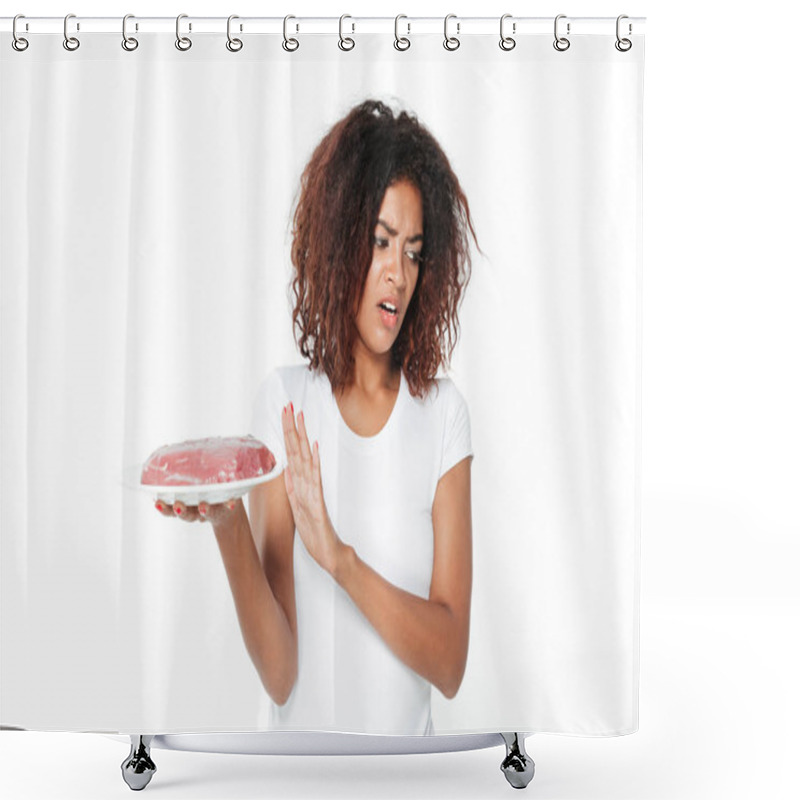 Personality  Young African Woman Holding Meat. Shower Curtains