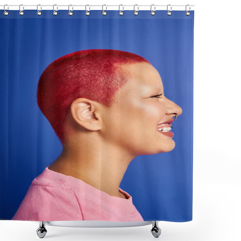 Personality  A Young Woman Proudly Displays Her Short Pink Hair And Nose Piercing Against A Vibrant Blue Backdrop. Shower Curtains