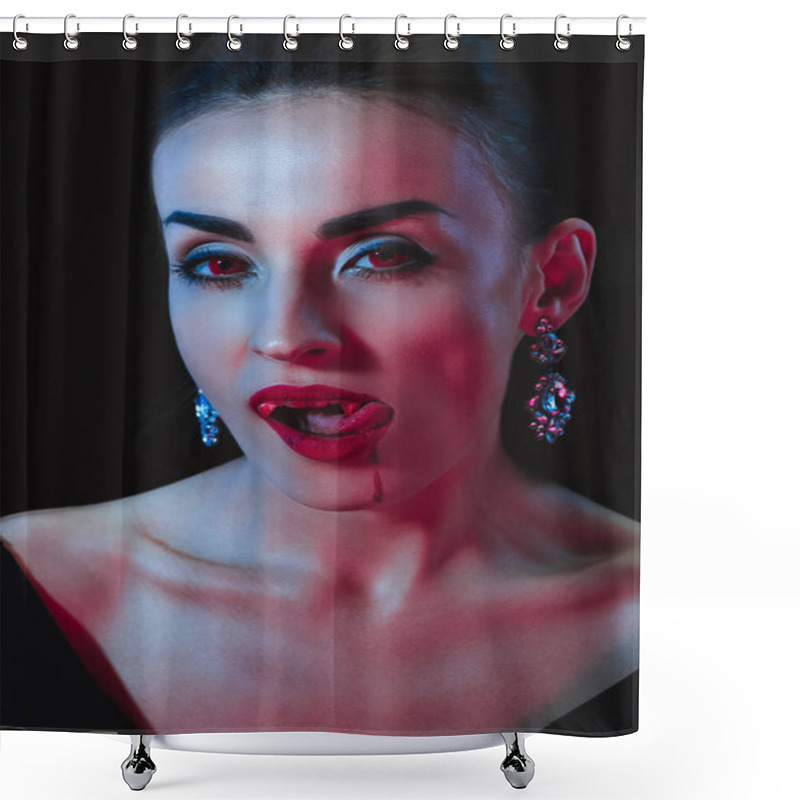 Personality  Beautiful Vampire Woman Licking Her Lips On Dark Background Shower Curtains