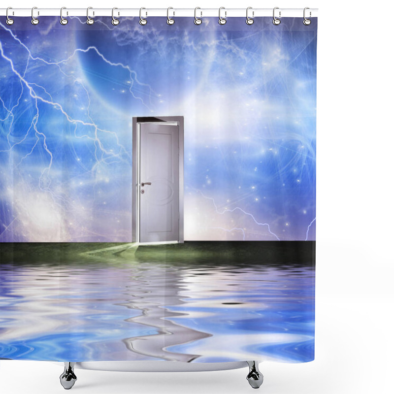 Personality  Surrealism. White Door Symbolizes Portal To Another Dimension. Some Elements Image Credit NASA. Shower Curtains