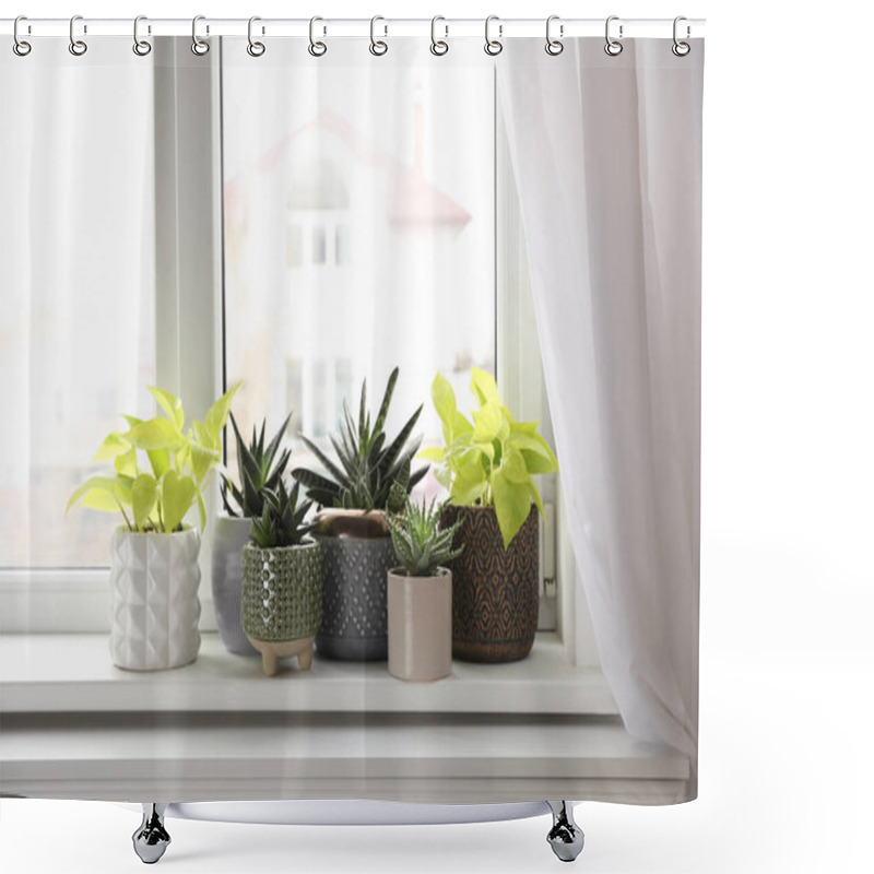 Personality  Beautiful Potted Houseplants On Window Sill Indoors Shower Curtains