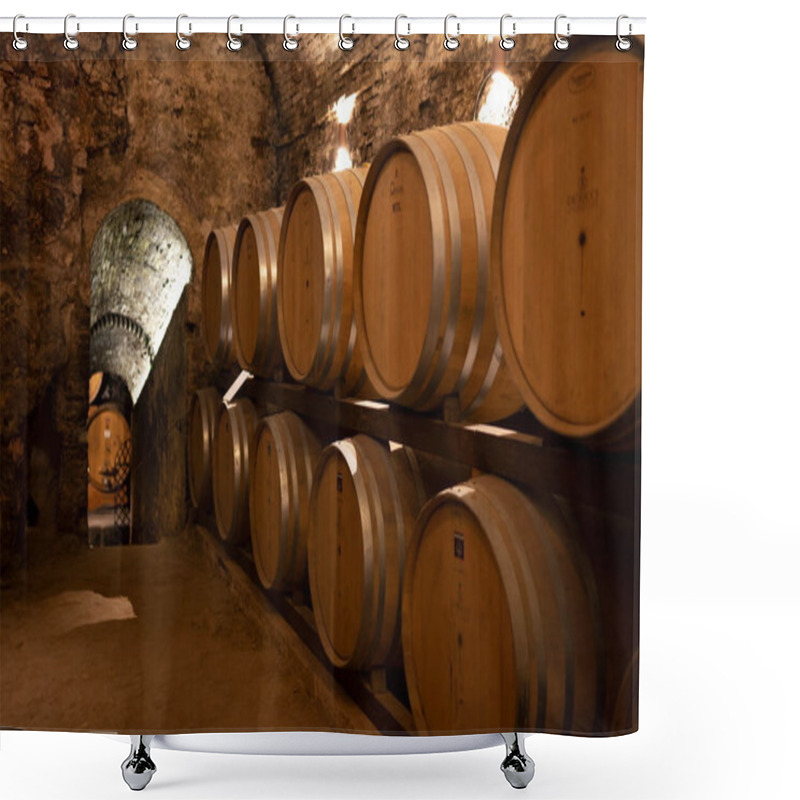 Personality  Medieval Underground Wine Cellars With Old Red Wine Barrels For Aging Of Vino Nobile Di Montepulciano In Old Town On Hill Montepulciano In Tuscany, Italy Shower Curtains