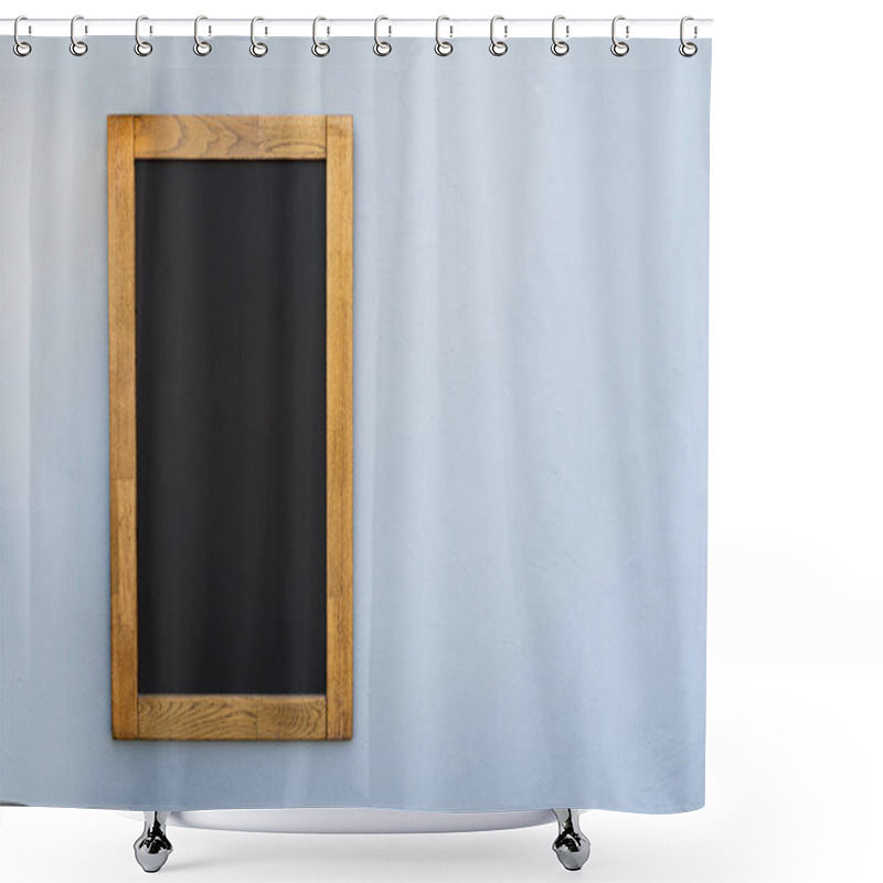 Personality  Empty Wooden Chalk Board On Gray Background. Mock Up Of The Black Wooden Frame On A Wall, Copy Space For Text Shower Curtains