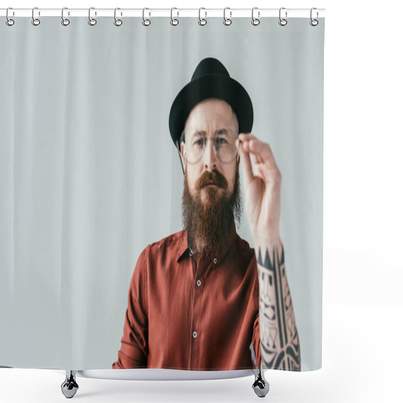 Personality  Bearded Handsome Man Holding Glasses Isolated On White Shower Curtains